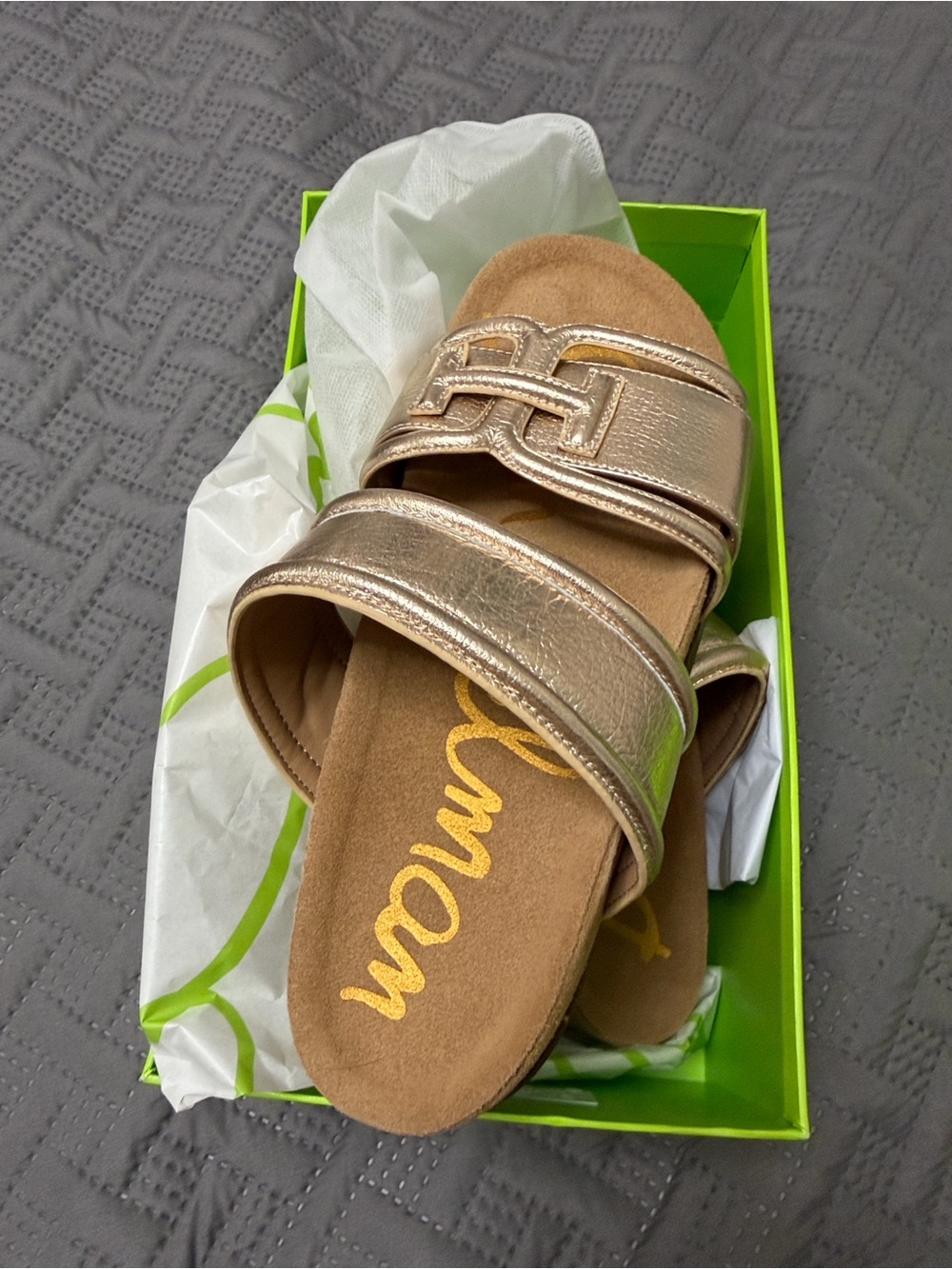 Sam Edelman Metallic Gold Double-Strap Slide Sandals - Picture 6 of 7